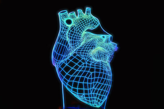 Digital representation of a heart in neon wireframe design showcased at a contemporary art event in a modern gallery