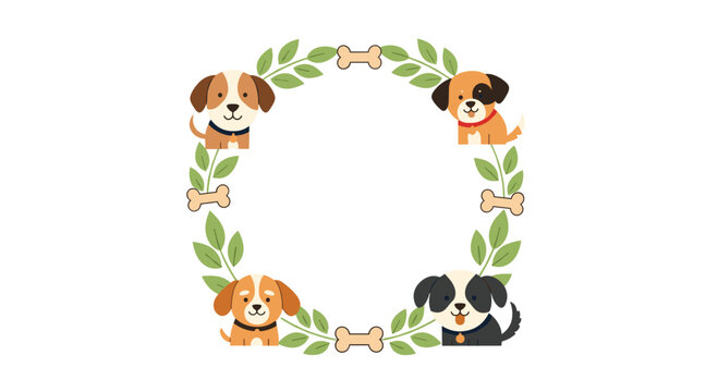 Adorable puppies arranged in a square wreath with green leaves and dog bones, creating a cheerful and inviting frame for text or design elements.