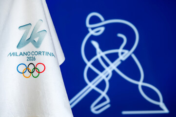 Fototapeta premium Ice hockey Blue Pictogram and Logo for Milan Cortina 2026 Winter Olympics, Official Winter Games Wallpaper