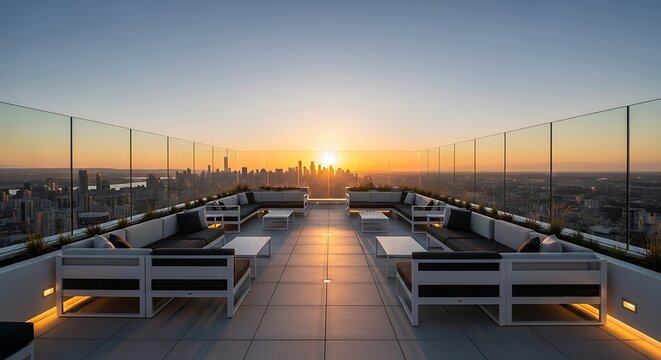 Rooftop lounge with city view at sunset providing an escape from urban life and opportunity for relaxation and gatherings