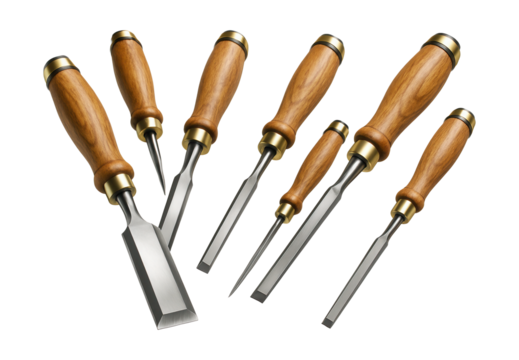 Chisel set with wooden handles and beveled edges for carpentry use.