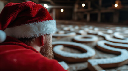 A Santa figure gazes thoughtfully at large numbers representing the year, surrounded by an intriguing festive setup that highlights the holiday spirit and preparations.