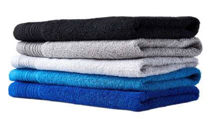 Stack of folded athletic towels in black white and blue isolated on transparent background, fitness and gym essential for commercial use


