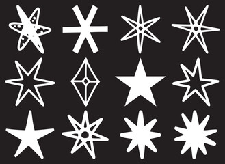 Obraz premium Collection of Twelve Hand Drawn White Stars on a Black Background