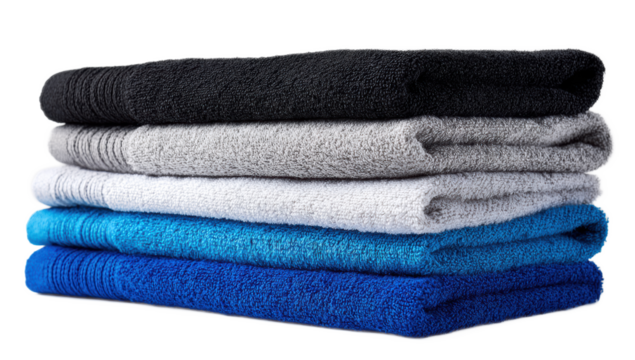 Stack of folded athletic towels in black white and blue isolated on transparent background, fitness and gym essential for commercial use

