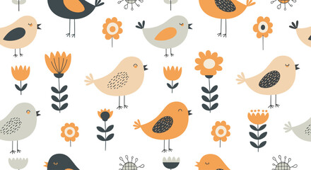 Fototapeta premium Charming seamless pattern featuring whimsical birds and stylized flowers in a soft color palette, perfect for spring or children's designs.