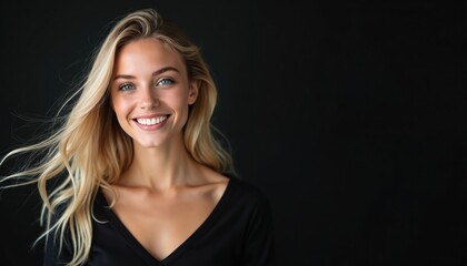 Fototapeta premium Young happy blonde woman smiles widely at camera. Bright blue eyes, clear skin, healthy white teeth. Beautiful long hair flows gently. Female model radiates beauty, confidence, health, natural glow