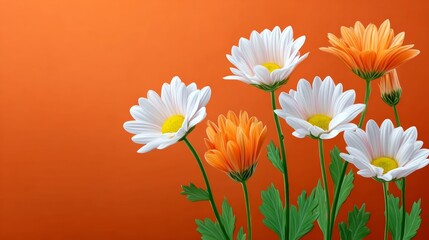 Bouquet of white and orange flowers is displayed on a red background