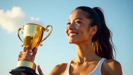A woman holds a trophy in her hands, symbolizing achievement and success