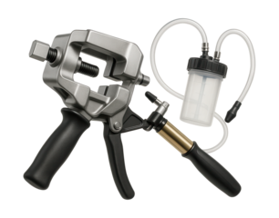 Automotive tool kit featuring a brake caliper tool and bleed kit for maintenance.