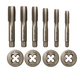 Left-hand thread tap and die set for reverse threading in repair work.