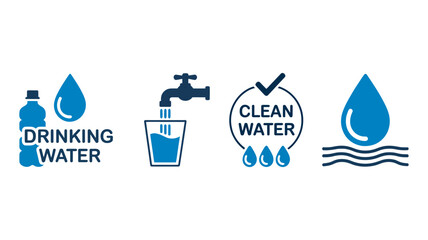 Drinking water and clean water icons set, symbolizing safe hydration, water quality, availability, global water resources, and sustainability.