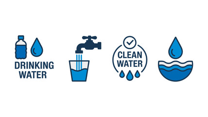 Water icons set illustrating drinking water, tap water filling a glass, clean water concept, and water waves, isolated on a white background.