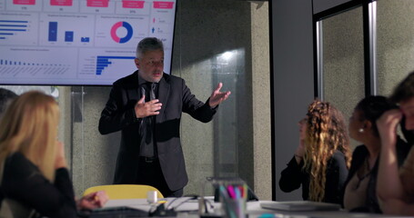 Angry business manager pointing at team during tense meeting in boardroom as colleagues listen defensively to critical feedback with charts displayed on screen