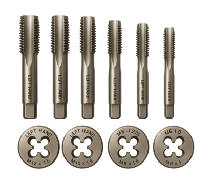 Left-hand thread tap and die set for reverse threading in repair work.