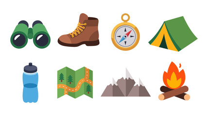 Outdoor adventure gear icons for camping and hiking. set features binoculars, trekking boot, compass, tent, water bottle, map, mountain, campfire.