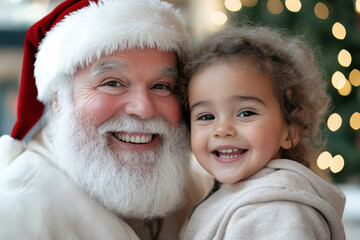 A joyful scene captures Santa with a young child, both beaming smiles, illuminated by twinkling lights, embodying the spirit of love, joy, and connection in a festive atmosphere.