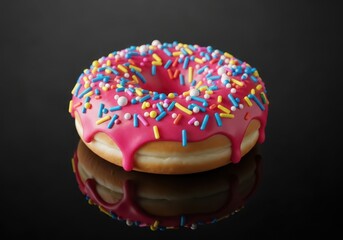 Pink Frosted Donut with Colorful Sprinkles on Black Background – Sweet Gourmet Dessert