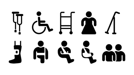Comprehensive medical icon collection illustrating disability, injury, and rehabilitation with assistive devices such as crutches, wheelchairs, walkers, and casts.