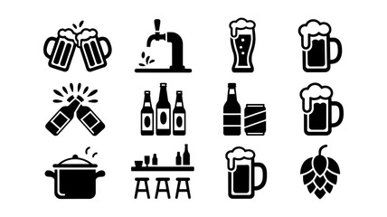 Beer icons set featuring various elements like mugs, bottles, taps, and ingredients, perfect for bar menus, craft brewery designs, and festive celebrations.