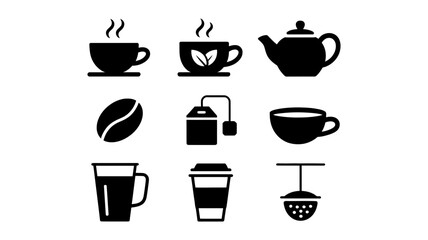 Obraz premium Collection of beverage icons including coffee cups, tea cups, teapot, coffee bean, tea bag, disposable cup, and tea infuser silhouettes