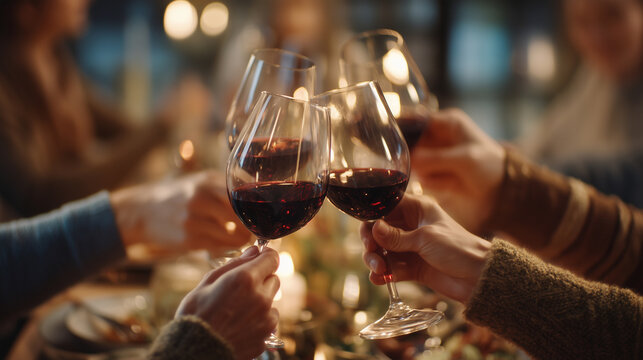 Cheers to good times: Toasting with glasses of red wine during a warm family gathering with candles light 