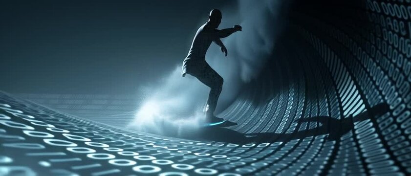 Businessman surfs a wave of binary numbers in a digital landscape at night showcasing innovation and technology skills