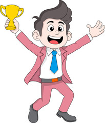 Businessman Celebrating with Trophy in Hand