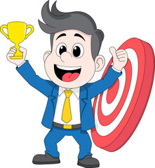 Businessman Holding Trophy and Target Board