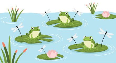Fototapeta premium Cheerful green frogs sit on lily pads in a tranquil pond scene with dragonflies and pink water lilies, creating a peaceful nature illustration.