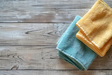 Soft kitchen towels in light blue and yellow colors are stacked on a rustic wooden surface. They are ready for cleaning tasks, adding a touch of color to the kitchen atmosphere