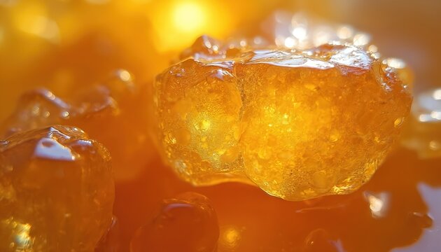 Macro photo of amber crystallized honey with visible texture and detail. Sweet natural substance pours from jar, showing macro crystallization. Healthy organic food.