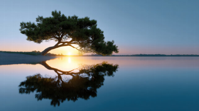 Poetic pine tree sunset reflection calm water serene landscape nature beauty