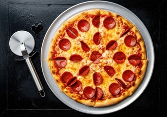 Classic Pepperoni Pizza with Melted Cheese on Metal Tray – Delicious Italian Comfort Food