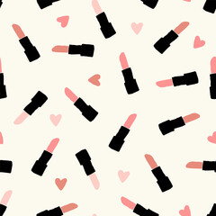 Seamless Repeating Lipstick Pattern With Hearts in Pink on Cream Background