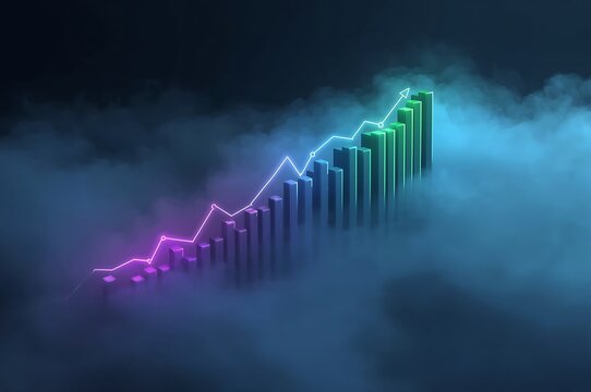 Vibrant neon bar graph ascending through ethereal smoke symbolizing financial growth and success