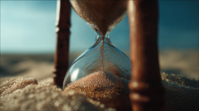 Hourglass in the sand: A symbolic representation of time passing under the clear sky and desert sand.