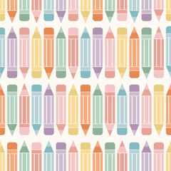 Seamless repeating vector pattern with colorful pencils in pastel pink, blue, yellow, green, lavender and orange on cream background. Office-themed or Back to School background, wallpaper, textile.