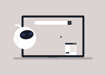 A friendly virtual assistant helps users search for information on a laptop, The clean interface shows a search bar and an engaging design, A bright and inspiring work atmosphere prevails.