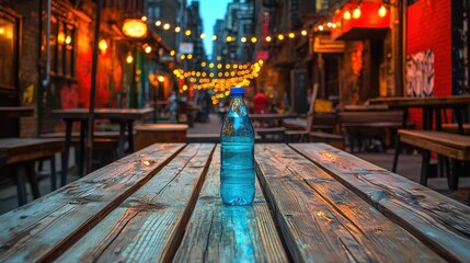 Obraz premium A clear plastic water bottle rests on a wood picnic table in Bucharest, Romania