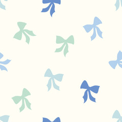Seamless repeating vector pattern with cute ribbon bows in pastel blue, mint green, light blue, and dark blue on cream background. Baby shower, birthday, wedding themed background, wallpaper, textile.