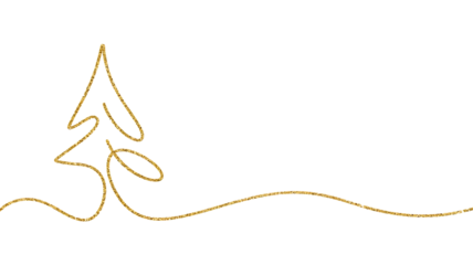 Elegant golden continuous line art drawing of a christmas tree with a flowing base isolated on transparent background