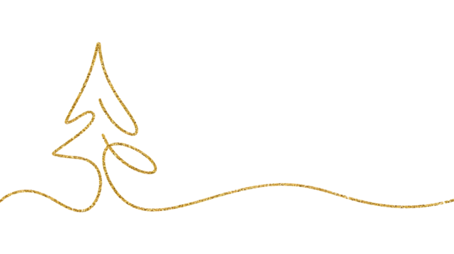 Elegant golden continuous line art drawing of a christmas tree with a flowing base isolated on transparent background