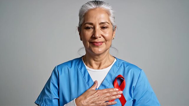 Smiling Senior Female Doctor Shows Solidarity on World AIDS Day, Wearing Red Ribbon Symbol for HIV Support