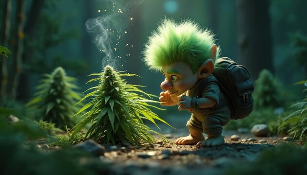 Green haired troll with backpack explores forest, finds blooming cannabis plant. Smoke rises from herb, tiny sparkles float around. Magical weed discovery in woodland.