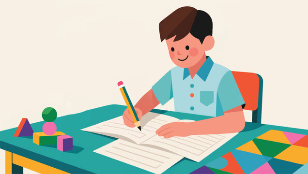 Illustration Of A Boy Doing Homework Vector Design Template