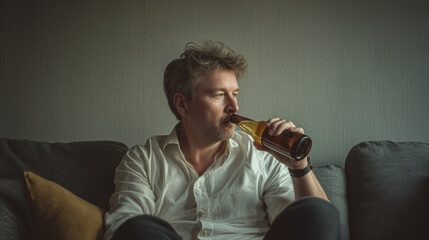 Man enjoying a beer on the couch, relaxed and at ease