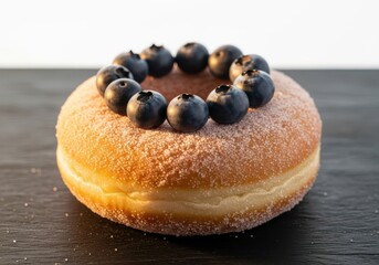 Sugar-Coated Donut Topped with Fresh Blueberries – Gourmet Dessert Close-Up