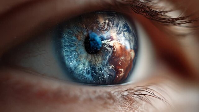 Futuristic eye with reflections of Earth and Mars showing distant worlds and the future of space exploration