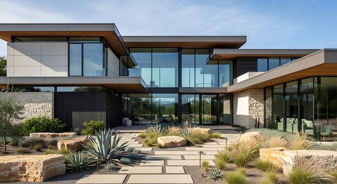 Modern architectural masterpiece featuring clean lines glass walls and drought tolerant landscaping offering a luxurious living experience